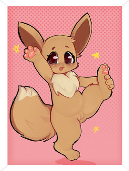 black_eyes blush brown_body brown_fur claws cute_fangs dipstick_tail eyebrows fangs female feral fluffy fluffy_tail fur genitals gesture humanoid_genitalia humanoid_genitalia_on_feral humanoid_vulva humanoid_vulva_on_feral markings neck_tuft on_one_leg open_mouth pawpads semi-anthro simple_background solo standing stretching_legs tail tail_markings teeth tuft vulva waving waving_at_viewer young young_female young_feral molly_derpy nintendo pokemon eevee generation_1_pokemon pokemon_(species) 2025 absurd_res hi_res