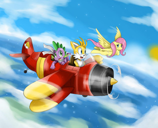 aircraft airplane anthro anthrofied biplane blue_eyes breasts chest_tuft cloud cutie_mark feathered_wings feathers featureless_breasts female flying fur green_eyes group hair male multicolored_body multicolored_fur open_mouth open_smile outside pink_hair scarf sea sky smile spade_tail sun tail trio tuft two_tone_body two_tone_fur vehicle water wings yellow_body yellow_feathers sssonic2 friendship_is_magic hasbro my_little_pony mythology sega sonic_the_hedgehog_(series) fluttershy_(mlp) miles_prower spike_(mlp) canid canine dragon equid equine fox mammal mythological_creature mythological_equine mythological_scalie pegasus scalie 2011 crossover digital_media_(artwork) hi_res