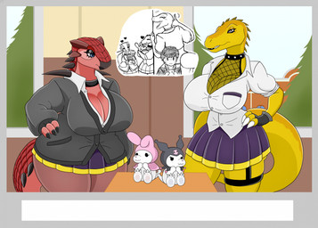 anthro big_breasts black_claws black_clothing black_fingerless_gloves black_gloves black_handwear black_suit blue_eyes bottomwear breasts brown_eyes button_(fastener) classroom_desk claws cleavage clothed clothed_anthro clothed_female clothed_human clothed_male clothing duo female female_anthro finger_claws fingerless_gloves fingers fully_clothed fully_clothed_anthro fully_clothed_female gloves half-closed_eyes hand_on_hip hand_on_own_hip handwear huge_thighs inside jacket light male narrowed_eyes non-mammal_breasts pockets purple_bottomwear purple_clothing purple_skirt red_body red_scales red_tail scales school_uniform skirt spade_tail spikes spikes_(anatomy) standing suit tail thick_thighs topwear uniform wall_(structure) white_dress_shirt window yellow_body yellow_tail urusee584 onegai_my_melody sanrio cam_(urusee584) kuromi my_melody roxanne_(urusee584) thorn_(urusee584) zoe_(urusee584) ankylosaurian demon dinosaur human lagomorph leporid mammal megalosaurid megalosaurus nodosaurid nodosaurus ornithischian prehistoric_species rabbit reptile saurischian scalie theropod thyreophoran 2023 colored digital_drawing_(artwork) digital_media_(artwork) english_description hi_res lighting