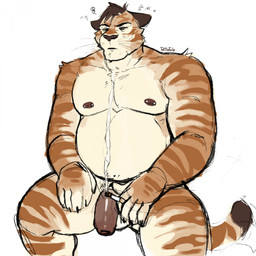 anthro balls belly big_belly brown_body cigarette flaccid foreskin genitals holding_cigarette holding_object humanoid_genitalia humanoid_penis male male_anthro moobs nipple_piercing nipples nude_anthro nude_male penis piercing simple_background sitting smoke solo tan_body tired tired_eyes unretracted_foreskin white_background freakdan1el felid mammal pantherine tiger 1:1 hi_res