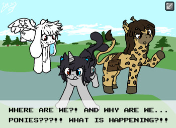 2_tails blue_ears blue_eyes blue_sky brown_hair cat_tail cloud confusion cross-eyed cutie_mark dark_hair dialogue ear_markings eyelashes eyelashes_through_hair eyewear field floppy_ears flying glasses grey_body group gui hair horn long_hair looking_at_another looking_down male markings multi_tail no_shading nude pixelated_text plant pouch_(clothing) red_eyes scarf scut_tail short_tail simple_background sky spots spotted_body tail text translucent translucent_hair tree trio wearing_glasses white_body white_hair wings lukkylk banned_from_equestria hasbro my_little_pony mythology aaron_walker fan_character lukken_collins siff_carvalho equid equine felid giraffe giraffid horse hybrid lagomorph mammal mythological_creature mythological_equine pegasus pony unicorn absurd_res english_text hi_res