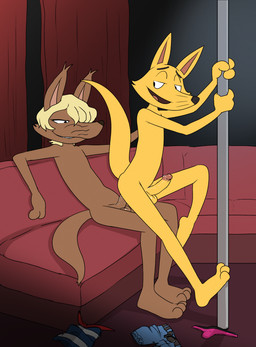 anal anal_penetration anthro balls barefoot bottomwear circumcised clothing dancing discarded_clothing duo erection feet furniture genitals grin holding_fixture humanoid_genitalia humanoid_penis looking_back male male/male male_penetrated male_penetrating male_penetrating_male nude on_lap penetration penis pole pole_dancing reclining sex shorts sitting smile sofa thong underwear whiskers jerseydevil kaiketsu_zorori gaon zorori canid canine canis fox mammal wolf absurd_res hi_res