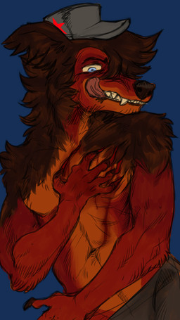 anthro blood bodily_fluids bottomwear clothed clothed_male clothing fur hat headgear headwear licking licking_lips male orange_body orange_fur pants red_body red_fur self-harm solo tongue tongue_out topless topless_male puppy_meats canid canine mammal 9:16 alpha_channel hi_res