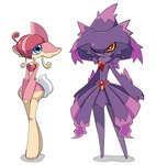 ambiguous_gender armor blue_eyes clothing duo hat headgear headwear helmet long_legs pink_body purple_body red_eyes short_tail tail sinfrou fakemon nintendo pokemon audino gallade gardevoir generation_3_pokemon generation_4_pokemon generation_5_pokemon humanoid hybrid mismagius pokemon_(species) absurd_res hi_res