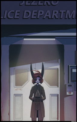 anthro bottomwear clothed clothing evergreen_tree female fluorescent_light fur grey_body grey_ears grey_fur hair holding_object jacket light night outside pants pine_tree plant plant_pot police police_officer police_station potted_plant red_hair shirt short_hair solo text topwear tree white_body white_fur kosatich elisa_(kosatich) lagomorph leporid mammal rabbit 2025 absurd_res artist_name comic digital_media_(artwork) hi_res lighting