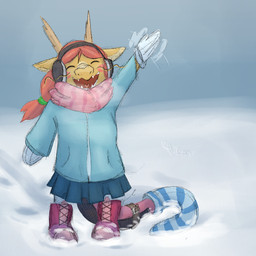 anthro blush boots clothing coat earmuffs female footwear gesture hair handwear mittens red_hair ribbons shoes smile smiling_at_viewer snow topwear waving waving_at_viewer whiskers winter young chamma_retsuden masteroflasagna mythology dragon eastern_dragon mythological_creature mythological_scalie scalie 1:1 hi_res