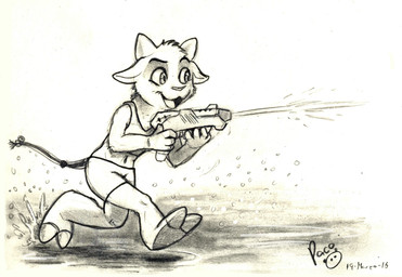 anthro cheek_tuft clothed clothing facial_tuft female female_anthro glistening glistening_eyes head_tuft holding_object holding_toy holding_toy_gun holding_water_gun horn logo open_mouth open_smile running smile solo tail tongue toy toy_gun tuft water_gun pandapaco bovid caprine goat mammal 2016 artist_logo dated hi_res monochrome signature sketch traditional_media_(artwork)