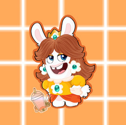 anthro blue_eyes brown_hair clothing dress ear_tuft emerald_(gem) eyelashes featureless_legs female female_anthro flower_ear_piercing fur gem hair hands_on_own_hips handwear light logo mittens multicolored_body noseless open_mouth open_smile orange_background orange_clothing orange_dress orange_eyelids orange_outline outline pattern_background pink_tongue scut_tail short_tail simple_background smile solo standing tail tan_body tan_clothing tan_handwear tan_inner_ear tan_mittens tan_skin tongue tuft two_tone_body white_body white_fur white_tail slushysushi mario_bros mario_plus_rabbids_kingdom_battle nintendo raving_rabbids rayman_(series) ubisoft fan_character rabbid_daisy lagomorph mammal rabbid 2022 artist_logo colored crossover english_description full-length_portrait hi_res lighting portrait shaded