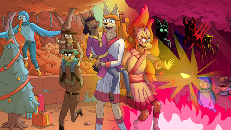 animal_mask anthro asian_clothing blue_body blue_feathers bodily_fluids bottomwear brown_body brown_fur brown_poncho cherry_blossom christmas_tree clothing east_asian_clothing feathers female fight fire flower fox_mask fur holding_child holidays japanese_clothing kimono magenta_flames male mask nature_background pants plant prunus_(flower) red_clothing red_kimono tan_body tan_fur teal_bottomwear teal_clothing teal_pants tears tree yellow_light trycia_lotus christmas undertale_yellow ceroba_ketsukane ceroba_ketsukane_(kitsune_form) kanako_ketsukane amphibian aquatic avian axolotl bird canid canine fox mammal mole_salamander salamander absurd_res hi_res