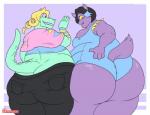 anthro big_breasts big_butt black_bottomwear black_clothing black_pants bottomwear breasts butt cleavage clothed clothing duo female fur hip_to_hip obese obese_female overalls overalls_only overweight overweight_female pants pink_sclera pockets purple_body purple_fur rear_view shortalls simple_background thick_thighs yellow_sclera graybluestudios patreon undertale undertale_(series) bratty_(undertale) catty_(undertale) alligator alligatorid crocodilian domestic_cat felid feline felis mammal reptile scalie 2017 digital_drawing_(artwork) digital_media_(artwork) flat_colors