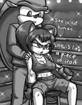 anthro blood bodily_fluids bottomwear boxers_(clothing) boxing boxing_gloves breasts bruised clothed clothing dialogue duo female fighting_ring glare gloves grabbing_shoulders handwear male male/female sport text underwear wounded oni_senpai_art sega sonic_the_fighters sonic_the_hedgehog_(series) honey_the_cat mighty_the_armadillo armadillo domestic_cat felid feline felis mammal xenarthran absurd_res hi_res monochrome