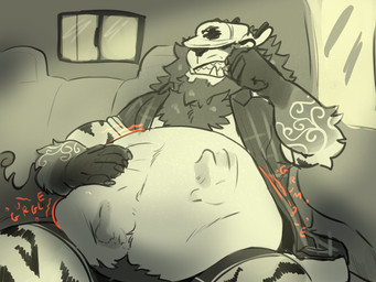 after_vore anthro antlers body_hair body_outline chest_hair clothed clothing gloves_(marking) happy_trail hidden_eyes horn male markings open_clothing open_shirt open_topwear prey_outline rubbing_own_belly rumbling_stomach shirt sitting solo toothpick topwear truck underwear vehicle vore vore_bulge kingkuga kuga_(kingkuga) felid lion mammal pantherine 4:3 hi_res