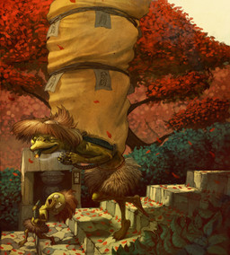 ambiguous_gender anthro backpack bakemono bottomwear brown_hair carrying_another cigar clothing cucumber detailed_background duo eyes_closed food forest fruit hair loincloth male nature outside petals plant sculpture shrub smoke smoking statue steps tree vegetable wood young young_ambiguous young_anthro jerome_jacinto asian_mythology east_asian_mythology japanese_mythology mythology summer_days_with_coo kappa yokai hi_res