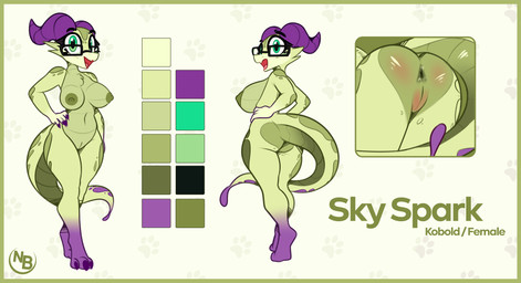 anthro anus areola border breasts butt claws eyebrows eyewear eyewear_only female genitals glasses glasses_only green_border horn navel nipples non-mammal_breasts non-mammal_navel non-mammal_nipples non-mammal_vulva nude open_mouth tail toe_claws vulva wearing_glasses nevobaster kobold scalie 2026 absurd_res digital_media_(artwork) hi_res model_sheet