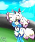 5:6 anthro breasts brown_body brown_fur canid canine canis cyberconnect2 daji_(full_bokko_heroes) domestic_dog drecom eyes_closed female full_bokko_heroes fur heart_symbol hi_res kemono mammal milkteafox open_mouth smile solo white_body white_fur