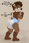 anthro clothed clothing diaper diaper_fetish diaper_only feces full_diaper male simple_background smile soiled soiled_diaper solo tail text topless unclean_diaper used_diaper wearing_diaper young young_anthro fluffytush bear mammal absurd_res digital_media_(artwork) english_text hi_res