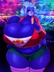 absolute_territory anthro belly beverage big_breasts big_butt blue_body blue_fur blush breasts butt cleavage clothed clothing female fur huge_breasts huge_butt jacket looking_at_viewer midriff permaberry slightly_chubby solo thick_thighs topwear wide_hips riendonut bao_azalea ailurid mammal red_panda 2022 3:4 hi_res