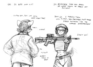anthro bulletproof_vest dialogue duo eyes_closed eyewear female goggles gun holding_gun holding_object holding_ranged_weapon holding_rifle holding_weapon midriff military_helmet ranged_weapon rifle tail tail_motion tailwag text weapon hladilnik peggy_patterson samantha_thott canid canine canis domestic_dog fox mammal 2025 comic english_text hi_res monochrome sketch