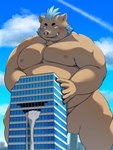 anthro belly big_belly blush bodily_fluids brown_body building building_penetrated cloud cum genital_fluids kemono macro male moobs nipples outside overweight overweight_male solo hisashiyo_0705 lifewonders tokyo_afterschool_summoners ganglie_(tas) mammal suid suina sus_(pig) wild_boar 2024 hi_res