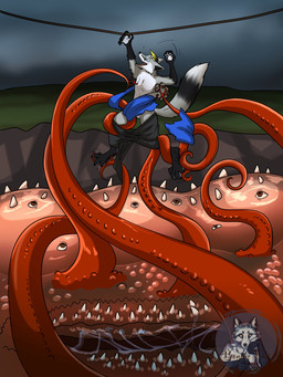 4_toes anthro arms_above_head barefoot biped bodily_fluids bottomwear butt claws clothing clothing_pull coat crying_laughing dangling desperation detailed_background dragging endosoma feet fingers fur fur_trim_(clothing) hair hanging_by_arms imminent_bondage imminent_fall imminent_sex imminent_vore laugh male multi_eye multicolored_body multicolored_fur multicolored_hair open_mouth pants paws peril pointy_ears pulling_down reaching reaching_out reaching_towards_another rope safe_vore scared shirt size_difference smile soles solo solo_focus tail tearing_clothing tears teeth tentacle_pit tentacles tickle_torture tickling toes tongue topwear torn_clothing undressing vore bonniefox knil_(character) canid canine canis fox mammal tentacle_creature 3:4 digital_media_(artwork) hi_res