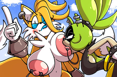 2_tails anthro areola big_breasts black_body black_fur blue_eyes blue_eyeshadow blue_lipstick blush blush_lines bracelet breast_play breast_suck breastfeeding breasts cheek_tuft chest_tuft clothing crossgender dipstick_tail duo ear_piercing ear_ring eyelashes eyeshadow facial_markings facial_tuft female female/female fur gloves green_body green_fur grey_clothing grey_topwear handwear head_markings head_tuft huge_breasts jewelry lipstick makeup markings mtf_crossgender multi_tail navel nipple_fetish nipple_piercing nipple_play nipple_ring nipple_suck nipples one_eye_closed orange_body orange_fur piercing pink_areola pink_nipples ring_piercing side_boob studded_bracelet studded_jewelry studs sucking tail tail_markings tan_body tan_fur topwear tuft white_body white_clothing white_fur white_gloves white_handwear sachasketchy idw_publishing sega sonic_the_hedgehog_(comics) sonic_the_hedgehog_(idw) sonic_the_hedgehog_(series) miles_prower surge_the_tenrec afrosoricid canid canine fox mammal tenrec 2023 digital_media_(artwork) hi_res