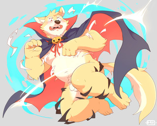 4_fingers 4_toes anthro balls bodily_fluids cape clothing feet fingers flaccid foreskin front_view fur genitals grey_background humanoid_genitalia humanoid_penis magic male midair navel nipples open_mouth penis pubes red_eyes simple_background slightly_chubby solo tears toes torn_clothing yellow_body yellow_fur o-ro canid canine mammal vampire 2017 hi_res
