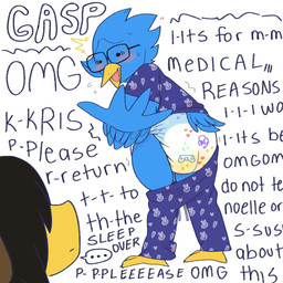 anthro bodily_fluids clothing diaper duo embarrassed exposed_diaper genital_fluids male pajamas text unclean_diaper urine used_diaper wet_diaper toddlercasper deltarune undertale_(series) berdly kris_dreemurr avian bird 1:1 english_text hi_res nonbinary_(lore)
