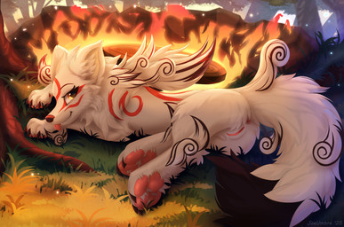 arm_tuft black_body black_fur black_markings blep brown_nose cheek_tuft claws clenched_teeth crossed_legs elbow_tuft facial_tuft female female_feral feral fire fluffy fluffy_chest fluffy_ears fluffy_tail forest forest_background fur fur_markings genitals grass humanoid_genitalia humanoid_genitalia_on_feral humanoid_vulva humanoid_vulva_on_feral inner_ear_fluff light looking_back lying markings nature nature_background neck_tuft on_front pawpads plant presenting presenting_vulva red_markings rock smile solo tail teeth teeth_showing tongue tongue_out tree tuft vulva white_body white_fur yellow_eyes joeumbre capcom okami_(capcom) amaterasu_(okami) canid canine canis deity mammal wolf colored digital_drawing_(artwork) digital_media_(artwork) hi_res lighting