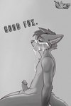 anthro bodily_fluids cum cum_on_face erection genital_fluids genitals humanoid_genitalia humanoid_penis male penis praise solo text pawprincess canid canine fox mammal true_fox 2024 2:3 absurd_res english_text greyscale hi_res huge_filesize monochrome