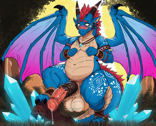 animal_genitalia animal_penis anthro balls belly big_balls big_belly big_penis blush bodily_fluids crystal equine_genitalia equine_penis flustered forest fur genital_fluids genitals jewelry male markings necklace overweight overweight_male penis plant precum saggy_balls solo standing thick_thighs tree tribal azurian mythology dragon mythological_creature mythological_scalie scalie absurd_res hi_res
