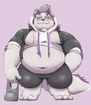 anthro belly blush bottomwear clothing cute_fangs digitigrade fangs fur hoodie horn humanoid_hands male moobs navel overweight overweight_anthro overweight_male pants shirt simple_background solo teeth topwear white_body white_fur jumperbear lifewonders tokyo_afterschool_summoners behemoth_(tas) monster 2019