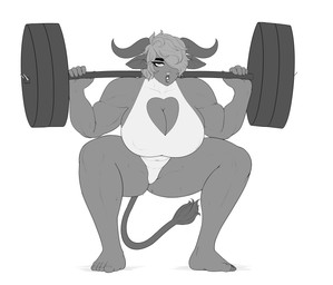 barbell big_breasts bodily_fluids breasts camel_toe cleavage clothed clothing exercise female huge_breasts simple_background solo sweat weightlifting white_background workout redboard bovid bovine mammal absurd_res greyscale hi_res monochrome