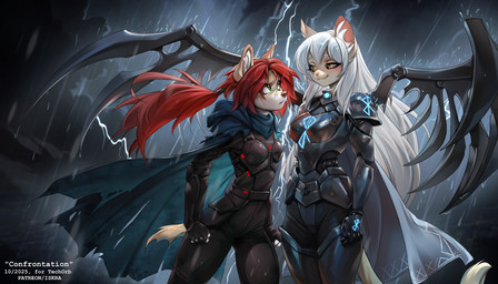 anthro biped breasts clothed clothed_anthro clothed_female clothing cloud duo eye_contact female fingers front_view fur hair looking_at_another outside raining smile standing tail iskra canid canine felid feline mammal 2026 7:4 digital_drawing_(artwork) digital_media_(artwork) hi_res