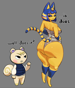 anthro bangs big_butt black_text blue_ears blue_eyeshadow blue_hair blue_stripes bob_cut breasts butt clothed clothed_anthro clothed_male clothing duo eyeshadow female female_anthro fur grey_background hair huge_butt larger_female light_body light_fur light_tail looking_at_another looking_back looking_back_at_another looking_down looking_down_at_another makeup male male_anthro markings mole_(marking) mouth_closed mummy_wrappings narrowed_eyes noseless open_mouth purple_inner_ear round_ears short_hair shoulder_blades simple_background size_difference small_waist smaller_male standing striped_markings striped_tail stripes tail tail_markings text topwear uraeus yellow_body yellow_fur yellow_inner_ear kitapult animal_crossing nintendo ankha_(animal_crossing) marshal_(animal_crossing) domestic_cat felid feline felis mammal rodent sciurid tree_squirrel 2025 colored digital_drawing_(artwork) digital_media_(artwork) english_text