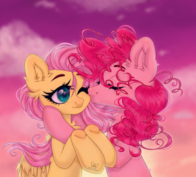 cloud cloudy_sky duo eyes_closed female female/female feral hair happy kissing messy_hair one_eye_closed orange_sky pink_body sky smile sunset wings hoochuu friendship_is_magic hasbro my_little_pony mythology fluttershy_(mlp) pinkie_pie_(mlp) equid equine horse mammal mythological_creature mythological_equine pegasus pony