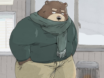 anthro black_nose blush bottomwear brown_body brown_fur clothing detailed_background fur inside kemono male overweight overweight_male pants scarf solo standing sweater topwear pommn_mn bear mammal 2025 4:3 hi_res