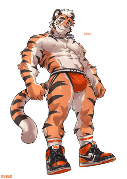 abs anthro biceps black_clothing black_footwear black_shoes black_sneakers chain_necklace clothed clothing footwear fur hair jewelry jockstrap kemono legwear male multicolored_clothing multicolored_footwear multicolored_shoes muscular muscular_anthro muscular_male navel necklace orange_body orange_clothing orange_eyes orange_footwear orange_fur orange_shoes orange_sneakers pattern_clothing pattern_footwear pattern_legwear pattern_socks pecs shoes simple_background sneakers socks solo striped_body striped_clothing striped_footwear striped_fur striped_socks stripes tail topless underwear white_background white_body white_clothing white_footwear white_fur white_hair white_socks kumak71395 nike khan_(kamfur) felid mammal pantherine tiger 2025 hi_res