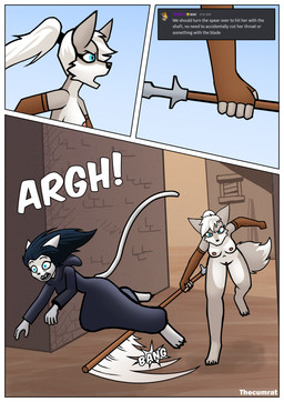 angry anthro black_clothing black_hair blue_eyes border breasts brown_clothing building chasing clothed clothing detailed_background duo fantasy female fight fur gloves gloves_only grey_body grey_fur hair handwear handwear_only long_hair melee_weapon mostly_nude mostly_nude_anthro mostly_nude_female nipples nude nude_anthro nude_female outside partially_clothed polearm ponytail public public_nudity robe running spear tail text weapon white_body white_border white_fur white_hair thecumrat sylvia_(thecumrat) tasmin canid canine felid feline fox mammal absurd_res comic english_text hi_res story