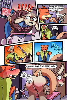5_fingers 6_panel_comic accident accidental_exposure annoyed anthro ass_up bent_over billboard black_nose blue_bottomwear blue_clothing blue_pants blue_topwear blue_uniform blush blush_lines bottomless bottomless_anthro bottomless_female bottomwear brown_body brown_fur buckteeth building butt butt_heart clothed clothed_anthro clothed_male clothing clothing_pull dessert dialogue dipstick_ears doughnut ear_markings ear_up embarrassed fainting female fingers fluffy fluffy_tail food fur genitals grey_body grey_fur group helping holding_bottomwear holding_clothing holding_object holding_pants humor larger_anthro larger_male leg_pull long_ears looking_at_another looking_back looking_back_at_another male markings multicolored_body multicolored_ears multicolored_fur no_underwear orange_body orange_fur pants pastry pink_nose pivoted_ears police police_officer police_uniform rabbit_ears raised_leg scut_tail short_tail size_difference smaller_anthro smaller_female smile speech_bubble tail tan_body tan_fur teeth text topwear uniform vulva wardrobe_malfunction deerkid disney judy_stuck_in_donut_redraw zootopia judy_hopps nick_wilde bent canid canine canis fox lagomorph leporid mammal mouse murid murine rabbit red_fox rodent true_fox absurd_res comic english_text hi_res