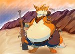 anthro anxi_desert belly big_belly bodily_fluids clothed clothing desert detailed_background dipstick_tail eating eyes_closed food fur gloves gun handwear holding_food holding_gun holding_object holding_ranged_weapon holding_weapon kerchief male markings meat_bun multicolored_tail navel neckerchief neckwear obese obese_anthro obese_male orange_body orange_fur outside overweight overweight_anthro overweight_male ranged_weapon rifle sand sniper_rifle solo sound_effects standing sweat sweatdrop tail tail_markings thick_thighs torn_clothing weapon weight_gain white_body white_fur wide_hips dawmino gunfire_reborn bandit_hermit_(gunfire_reborn) canid canine fox mammal digital_drawing_(artwork) digital_media_(artwork)