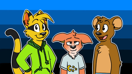 ambiguous_gender anthro black_body black_fur black_nose blue_clothing blue_shirt blue_t-shirt blue_topwear brown_body brown_fur clothed clothing clothing_cord drawstring fur green_sweatshirt group pattern_background red_body red_fur shirt simple_background striped_background t-shirt topless topwear white_body white_fur yellow_body yellow_fur tinydeerguy 16:9 widescreen