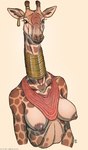 anthro areola breasts clothed clothing collarbone ear_piercing eyelashes female front_view fur horn horn_jewelry horn_ring jewelry long_neck markings monotone_background neck_ring nipples nose_stud piercing ring_(jewelry) scarf solo spots spotted_markings tan_body tan_fur text topless topless_anthro topless_female tribal arcr-cric giraffe giraffid mammal 2025 half-length_portrait hi_res portrait url watermark