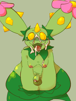 balls bodily_fluids cum cum_on_face cum_on_tongue front_view genital_fluids genitals green_body gynomorph humanoid_genitalia humanoid_penis intersex looking_at_viewer looking_up looking_up_at_another nipples pear-shaped_figure penis sitting smile solo tongue tongue_out wide_hips yellow_eyes catjamn nintendo pokemon generation_5_pokemon humanoid maractus pokemon_(species) 2025 digital_media_(artwork) hi_res trans_(lore) trans_woman_(lore)