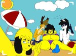 anthro beach big_breasts bikini breasts camera_view clothing female gesture group hand_gesture huge_breasts male orange_body sleeping swimwear thick_thighs two-piece_swimsuit v_sign white_body yellow_body kuge piku_(kuge) avian bird canid canine canis caviid deer domestic_dog guinea_pig mammal rodent 4:3 hi_res