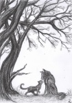 ambiguous_gender duo feral kissing love outside plant quadruped sitting standing tail tree naaby canid canine canis domestic_cat felid feline felis mammal wolf graphite_(artwork) greyscale hi_res monochrome traditional_media_(artwork)