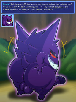 anthro anus balls big_butt big_penis butt dialogue erection forest gameplay_mechanics genitals glowing glowing_body hand_on_butt humanoid_genitalia humanoid_penis looking_back male motion_lines nude penis plant presenting presenting_hindquarters raphe_(anatomy) red_eyes seductive shortstack shortstack_male smile solo tail text thick_thighs tree tepigfan101 nintendo pokemon pokemon_mystery_dungeon spike_chunsoft generation_1_pokemon gengar pokemon_(species) 2025 absurd_res digital_media_(artwork) english_text headshot_portrait hi_res portrait