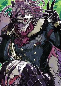 anthro bottomwear clothing eyewear fancy_clothing fluffy fluffy_tail fur gloves hair handwear kerchief leg_belt male monocle multicolored_body multicolored_fur neckerchief neckwear open_mouth purple_body purple_fur purple_hair solo tail topwear two_tone_body two_tone_fur white_body white_fur passpassaka compass_(combat_providence_analysis_system) charles_richter_(compass) canid canine canis mammal wolf 2026 absurd_res hi_res
