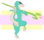 anthro anus butt female genitals green_body green_eyes green_scales looking_at_viewer looking_back melee_weapon polearm pussy raised_leg raised_tail scales solo spear tail weapon white_body white_scales kalama ever_oasis nintendo miura drauk lizard reptile scalie hi_res