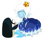 blue_body blue_skin bodily_fluids clothed clothing crown dress duo eye_contact female hair headgear ice looking_at_another monster_girl_(genre) nude simple_background tears white_background white_hair not-a-comedian adventure_time cartoon_network gunter_(adventure_time) ice_queen avian bird humanoid penguin