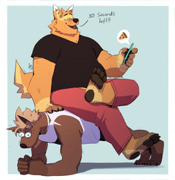anthro black_clothing black_shirt black_t-shirt black_topwear bodily_fluids bottomwear brown_body brown_fur brown_skin clothed clothing duo electronics exercise eyes_closed facial_tuft fur hairless male muscular muscular_male orange_body orange_fur overweight overweight_male pants paws phone push-up shirt sitting_on_another sweat t-shirt tank_top topwear tuft wide_eyed yellow_body yellow_fur borkthunder kevin_acosta manu_(borkthunder) canid canine canis domestic_dog hairless_dog mammal primitive_dog xoloitzcuintli hi_res